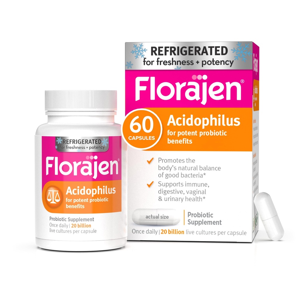 Florajen Acidophilus High Potency Refrigerated Supports Global Health, 20 Billion CFUs for Potent Probiotic Benefits, Unflavored, 60 Count