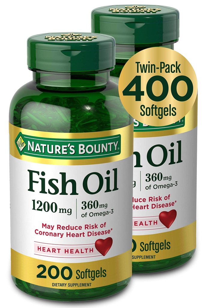 Aceite de pescado abundante de la naturaleza, Suplemento dietético con 360 mg Omega-3, apoya la salud cardíaca, 1200 mg, 200 Softgels (Pack de 2)