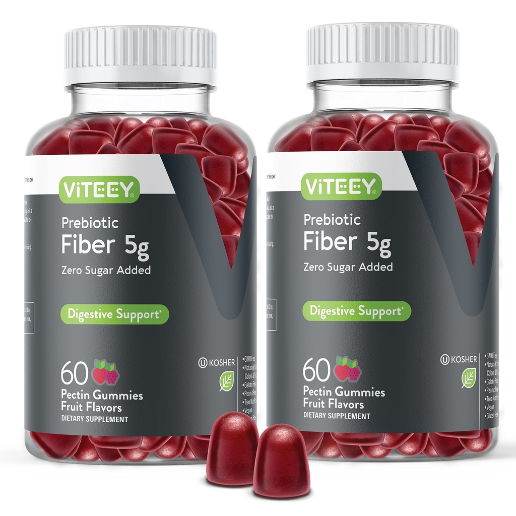 Viteey Prebiotic Fiber Gummies for Adults, 5g - Gut Health & Digestive Soluble Fiber Supplement Gummies - Zero Sugar Añadido, Vegan, Gluten-Free - 120 Count