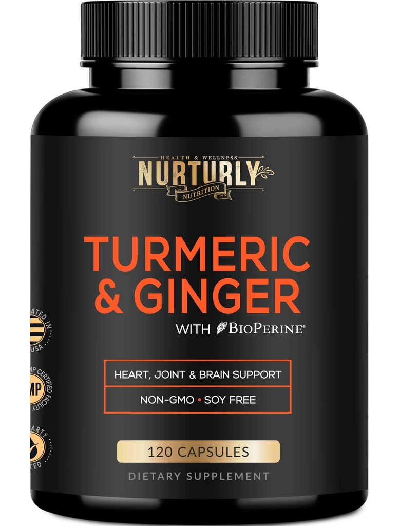 Curcumina Turmérica con BioPerine &amp; Ginger, Black Pepper y 95% Curcuminoids - Suplementos Turméricos de alta absorción para la salud cardíaca - No GMO, Gluten Gratis - 120 cápsulas