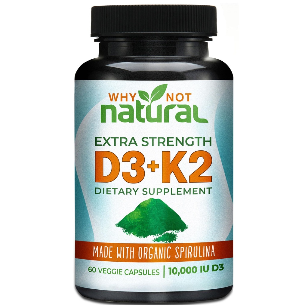¿Por qué no la vitamina natural D3 K2 (MK-7) con espirulina orgánica, 10000 UI suplemento de fuerza adicional en cápsulas vegetales, soporta la salud ósea, sistema inmunológico y mood