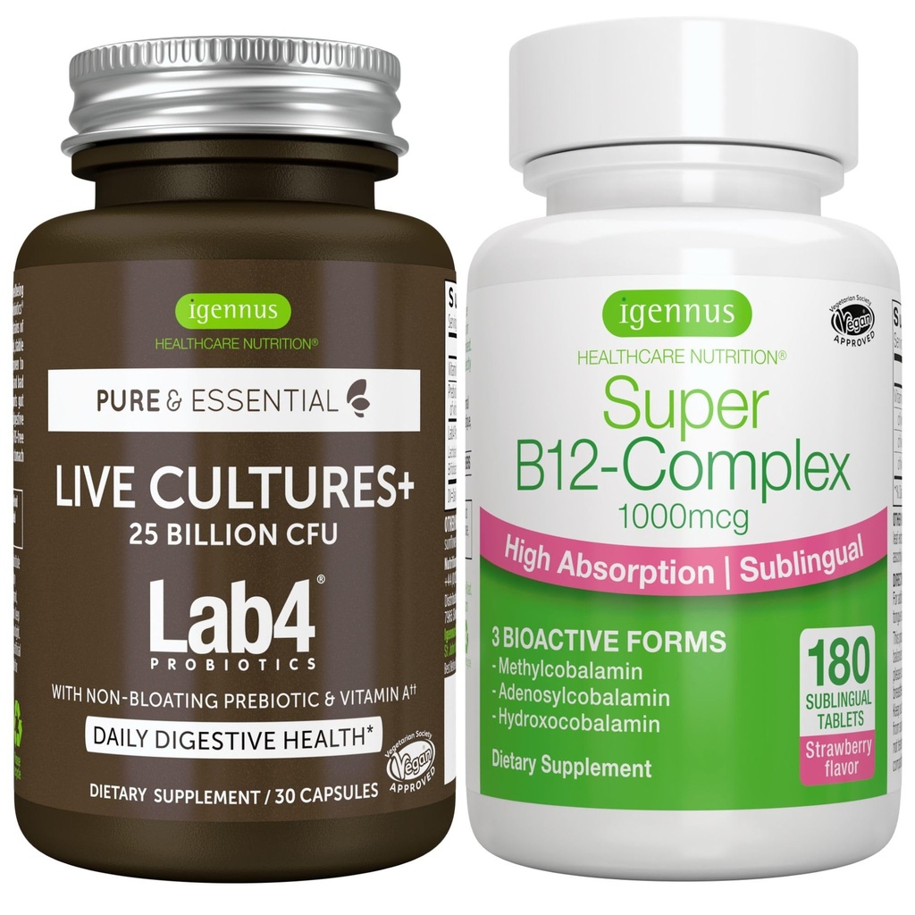 Culturas en vivo+ Lab4 Probióticos + Super B12-Complex, Vegan Bundle, 25 Billones CFU Lactobacillus Acidophilus y Bifidobacterium + Alta Absorción Sublingual B12, por Igennus