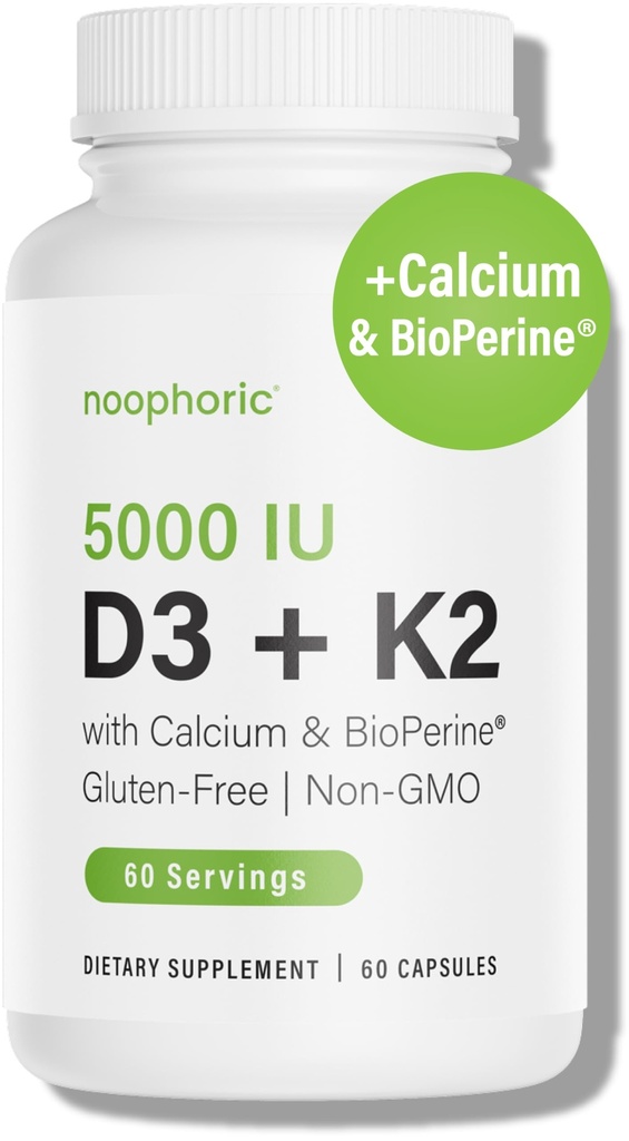 Noofric D3 K2 Vitamina 5000 UI - Vitamina K2 100 mcg MK7, Calcium, BioPerine - Bone Health &amp; Immune Support Suplemento - Gluten-Free, Non-GMO - Vitamina D3 K2 Suplemento (60 Serviciones)