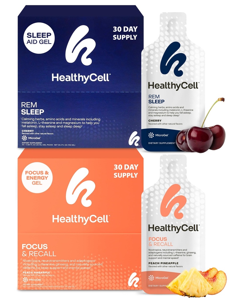 Healthycell REM Sleep Aid Suplemento + Focus &amp; Recall Brain Supplement for Memory & Focus Bundle