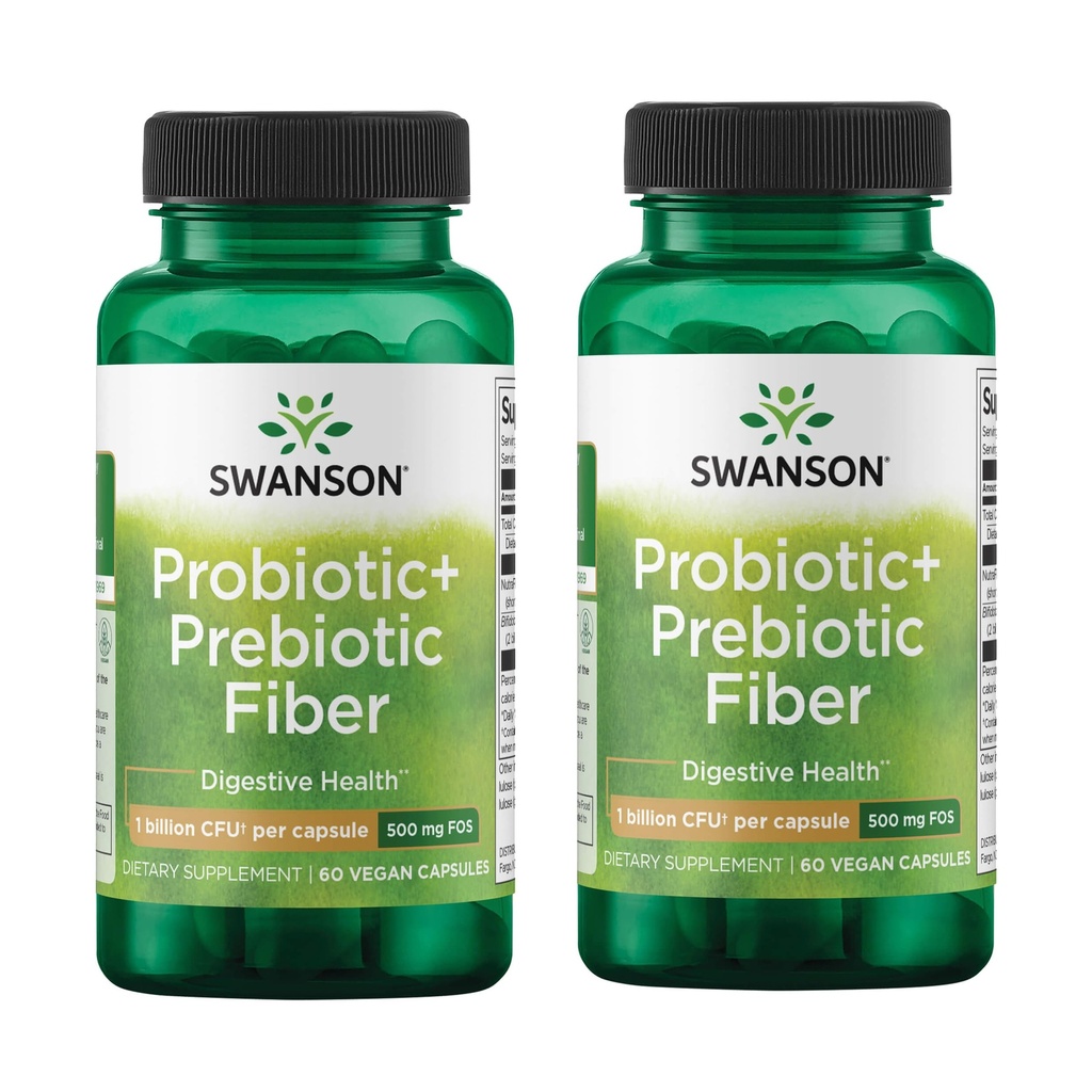 Swanson Prebiótico + Fibra Probiótica - Suplemento Natural Promoviendo Sistema Digestivo &amp; Immune Health Support - Ayudas Regularidad & GI Tract Health - (60 cápsulas, 500 millones de CFU cada uno) (2 Pack)