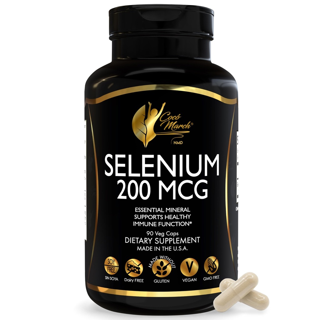 Cocó Marcha N.M.D. Selenium 200 mcg – Tiroid &amp; Immune Support Suplemento – Mineral esencial para el metabolismo y la defensa antioxidante – Gluten Free, Dairy Free &amp; Vegan – 3 Month Supply, 90 Veg Capsules