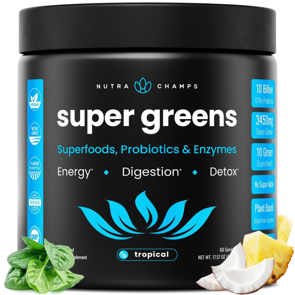 NutraChamps Super Greens Powder Premium Superfood ← 20+ Organic Green Veggie Whole Foods ¦ Wheat Grass, Spirulina, Chlorella ANTE Antioxidante, Enzyme Digestivo &amp; Blends Probióticos (9.1 OZ, Tropical)