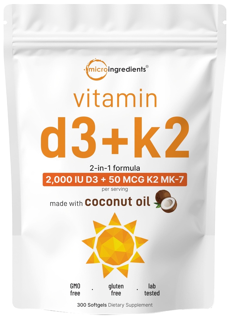 Micro Ingredientes Vitamina D3 2,000 UI + K2 MK-7 50 mcg, 300 Softgels viv Virgin Coconut Oil tención 2-in-1 Soporte Silencio fácil de absorber, no GMO