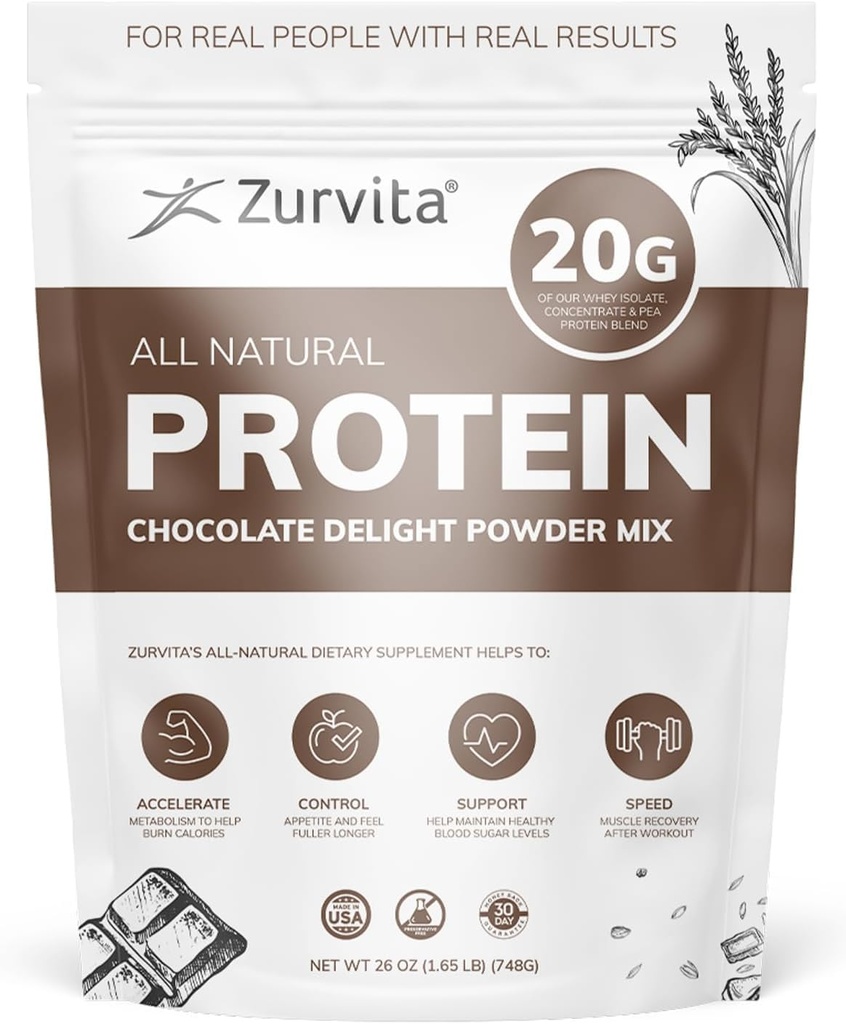 Zurvita - Chocolate Delight Protein Powder - 20g Proteína, Probióticos, 24+ Vitaminas y Minerales - Sin Sweeteners artificiales - 26oz (20 Servings)