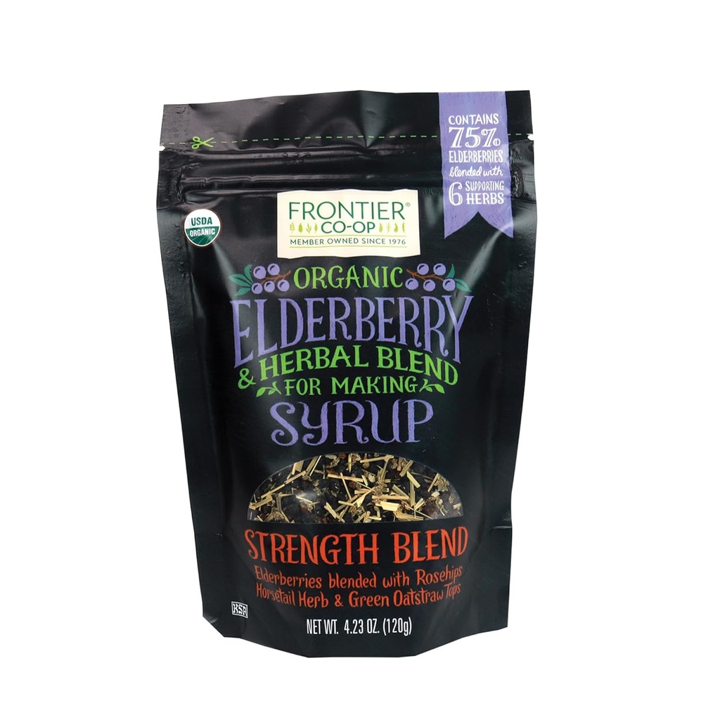Frontier Co-op Organic Elderberry, 4.23 Bolso de onda ← Dried Elderberries for Preparing Syrup ← Kosher  durable Perfect for Tea and Herbal Blends