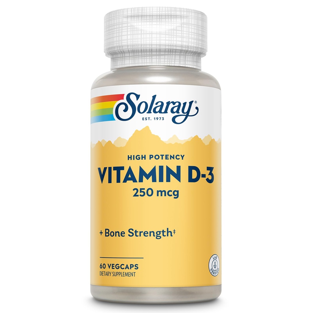 SOLARAY Vitamina D3 10000IU (250 mcg) - Vitamina D de alta potencia - con VIT D3 como Cholecalciferol - Huesos fuertes y suplemento de soporte de inmune - Garantía de 60 días, 60 Servimientos, 60 VegCaps