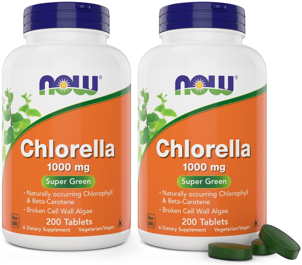 Ahora Chlorella 1000mg Tablets - 200 Conde (Pack of 2) - Natural Occurring Chlorophyll, Beta-Carotene - Non-GMO, Vegan - Green Super Food Supplement for Women and Men