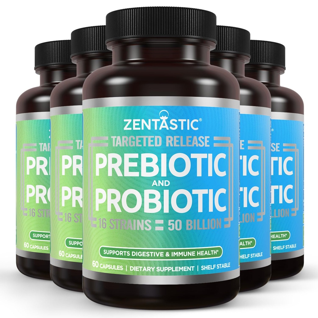 Zentastic Probiotics & Prebiotics Supplement - 50 Billion CFU - for Men &amp; Women’s Immune & Digestive Health - 16 Strains - Shelf Stable - 300 Delayed Release Veggie Capsules