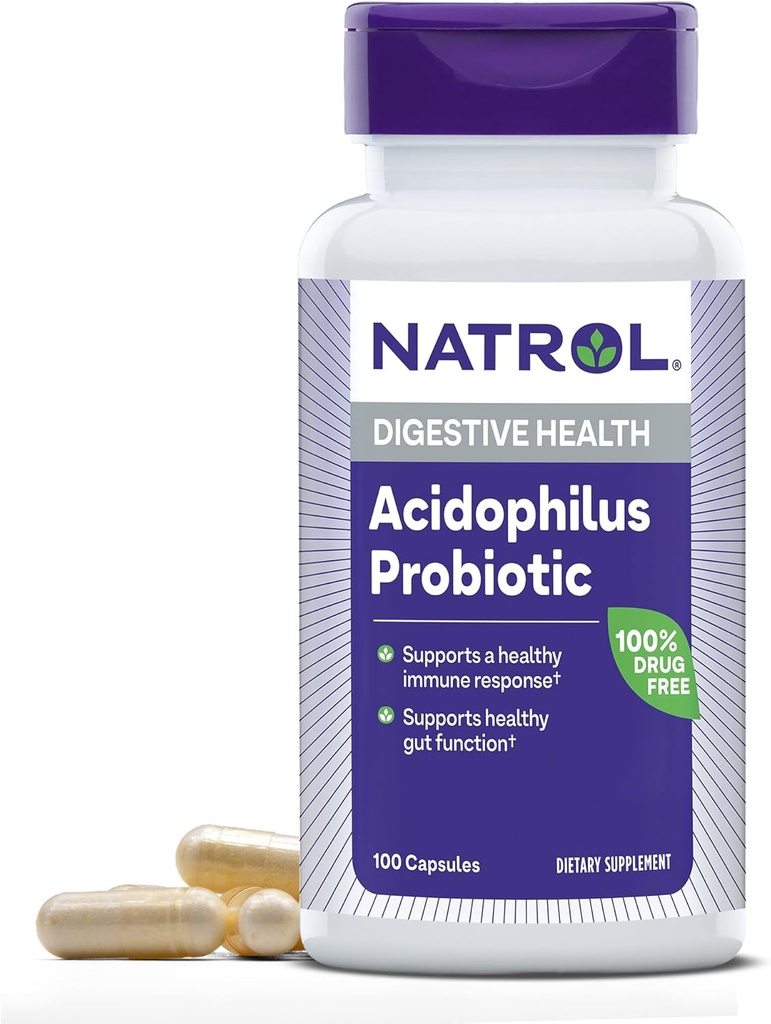 Natrol Acidophilus Probiotic 100 mg, Suplemento dietético para la función del Gut saludable, cápsulas de salud digestivas para adultos, 100 cápsulas, hasta un suministro de 33 días