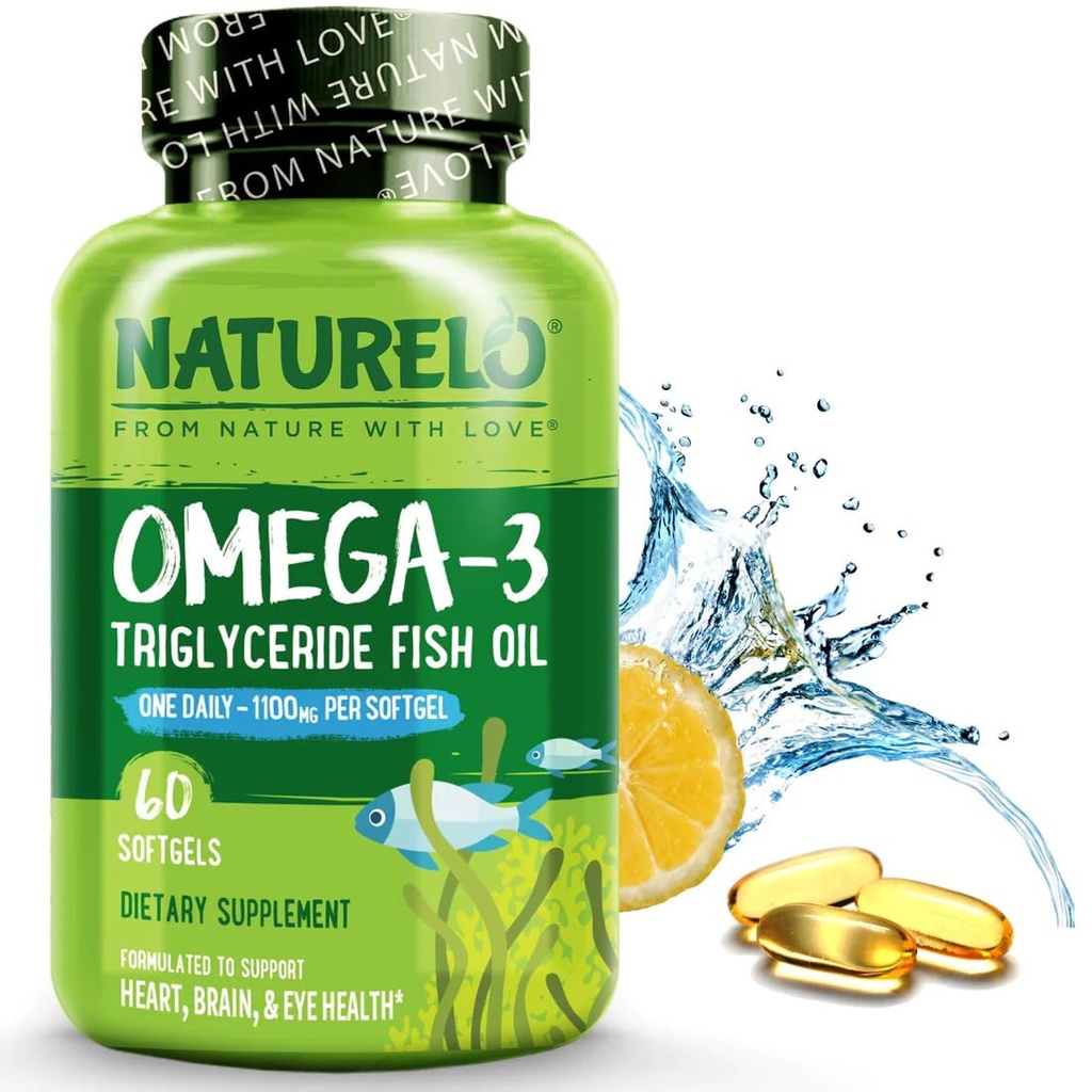 NATURELO Burpless Omega 3 Fish Oil Suplemento - 1100mg Triglyceride Omega-3, EPA + DHA, Liquid Fish Oil for Heart, Eye, Brain, Joint Health - 60 Softgels, 2 Months Supply