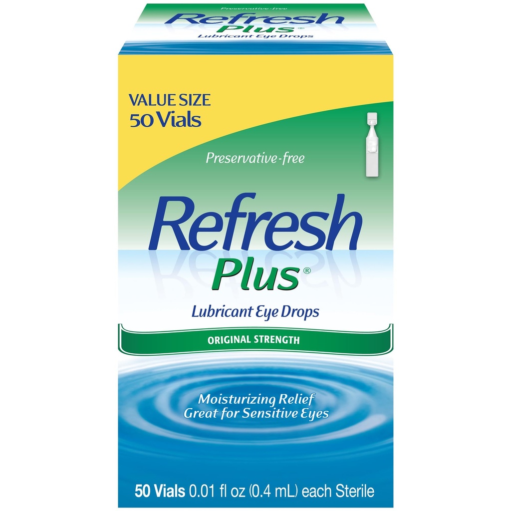 Refresh Plus Lubricant Eye Drops, Preservative-Free, 0.01 Fl Oz Single-Use Containers, 50 Cuenta, Packaging May Vary