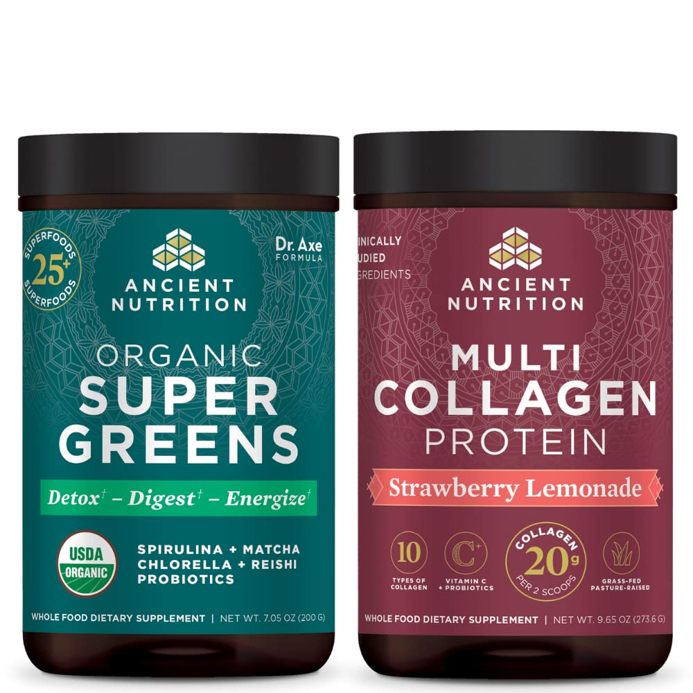 Antigua Nutrición Orgánica Superverde Polvo, Verde Sabor, 25 Serviciones + Multi Collagen Protein Polvo, Strawberry Lemonade, 24 Servimientos