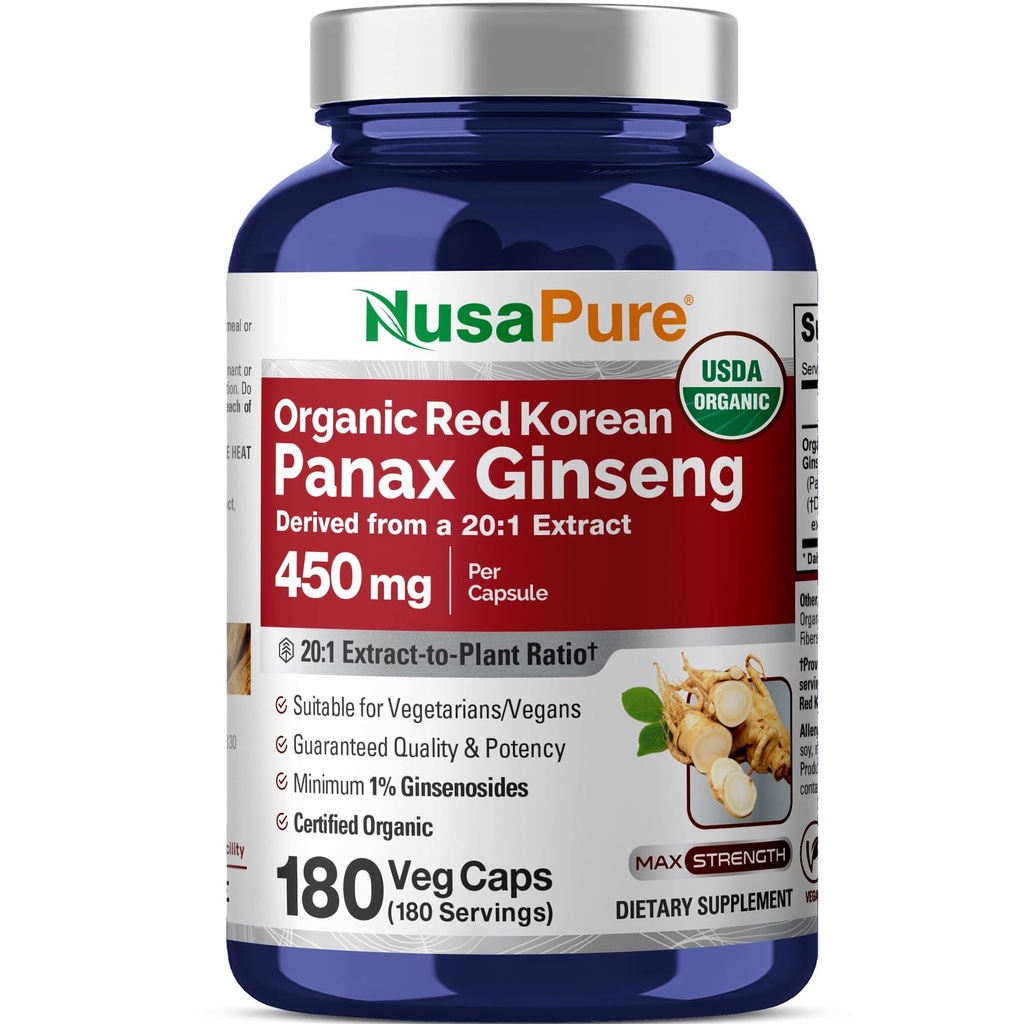 NusaPure Red Korean Panax Ginseng 20:1 Extracto, 450 mg Equivalente a 9.000 mg 180 Veggie Caps (USDA Organic, Non-GMO, Vegan, Vegetariano, Bioperina)