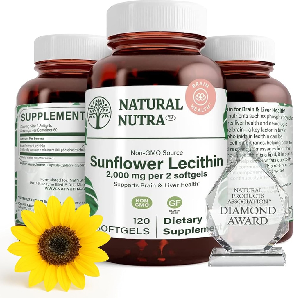Natural Nutra Sunflower Lecithin 2000 mg Suplemento, Soporta a las madres de lactancia materna con Alivio de leche enchufada, Hierve &amp; Brain Health Booster, Soy Gratis, No GMO, Sin gluten, 120 Softgels (3 Pack)
