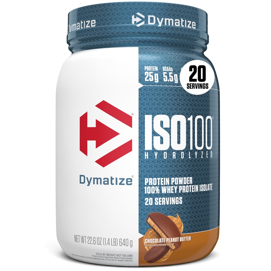 Dymatize ISO100 Whey Protein Powder Isolate, Chocolate Peanut Butter, 25g de Protein, 5.5g BCAAs, Menos Than 120 Cal., Gluten Free, 1g Fat, 1g Sugar, 2g Carb (20 Servings)