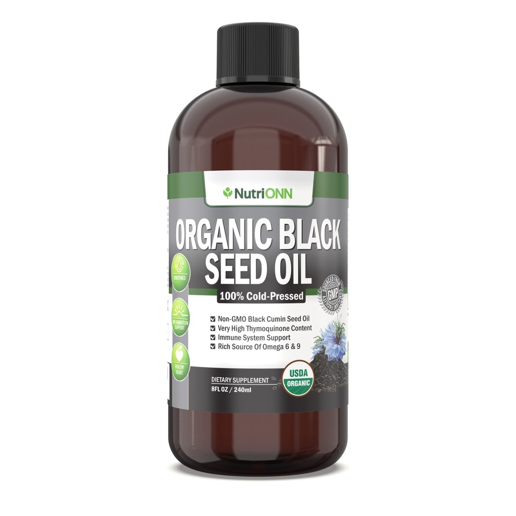Óleo de semillas negras orgánicas - USDA Certified Organic Black Cumin Seed Oil Liquid – High Thymoquinone Content – Non-GMO and Cold-Presed – Rich Source of Omega-6 &amp; Omega-9 Fatty Acids - 8 Oz