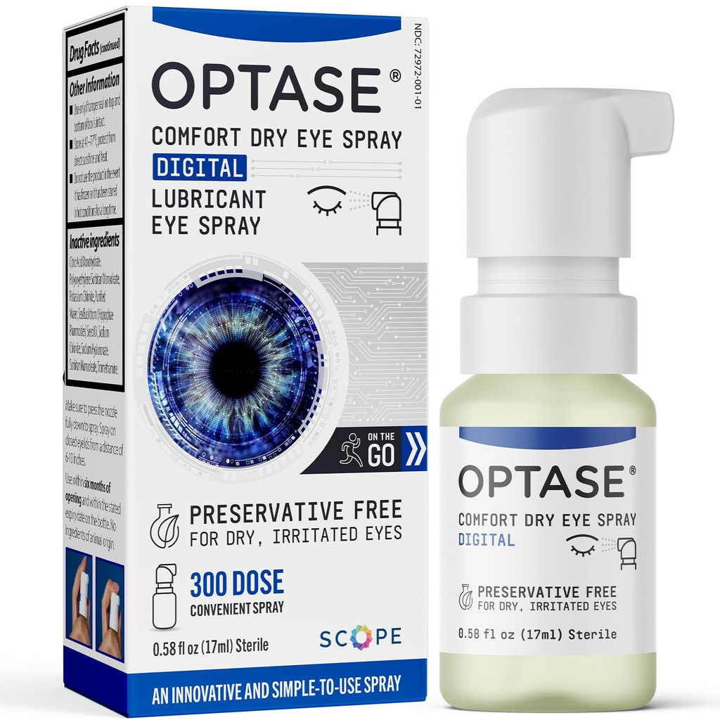 Optase Comfort Dry Eye Spray - Teares artificiales gratis conservadores Drops Alternative - Ojo seco gotas en una rociadora conveniente - Botella de uso múltiple, Contacto Lens Safe - .58 fl oz
