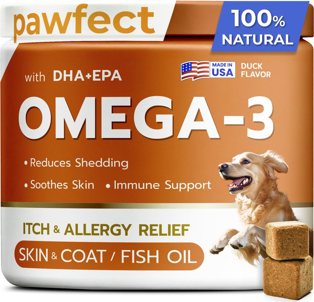 PAWFECTCHEW Fish Oil Omega 3 for Dogs - Alivio de la Alergia - Salud Conjunta - Itch Relief, Shedding - Skin and Coat Supplement - Alaskan Salmon Oil Chews - Omega 3 6 9 - EPA &amp; DHA Fatty Acids