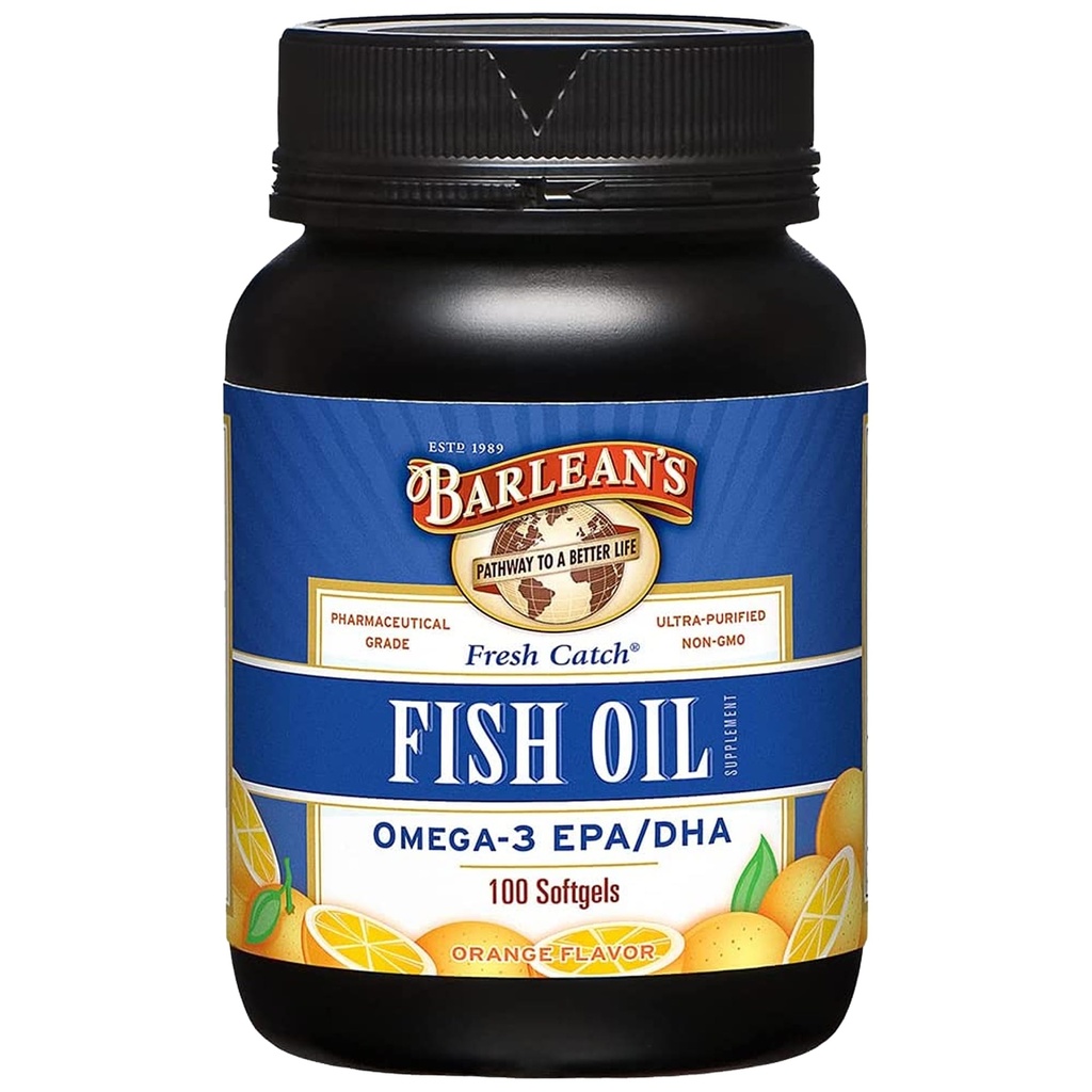 Suplementos de aceite de pescado Omega 3 de Barlean, Suplemento Softgels para hombres y mujeres, 600 mg EPA y DHA Fatty Acids, Orange Flavored, 100 Conde