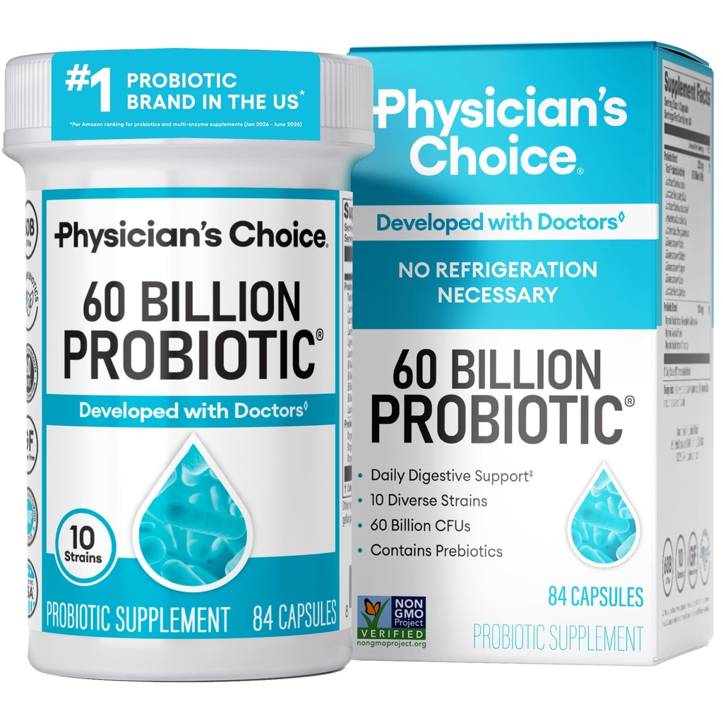 Probióticos de la CHOICE de Physician 60 Billones CFU - 10 Estrechos + Prebióticos Orgánicos - Salud Inmunitaria, Digestiva " Gut - Apoyo al estreñimiento ocasional, diarrea, gas " , para hombres y mujeres - 84ct
