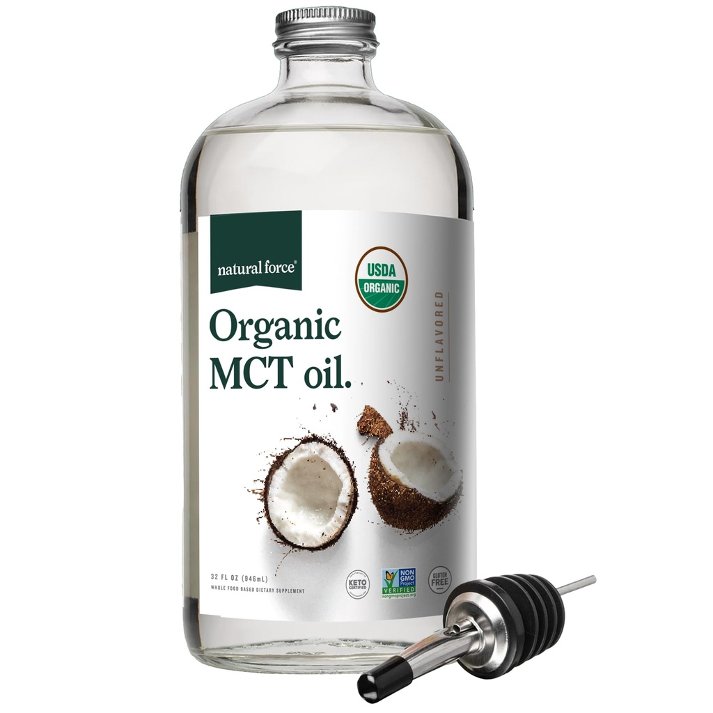 Aceite de MCT orgánico de la fuerza natural – Botella de vidrio puro – Hecho de 100% Aceite de coco virgen prensada fría + Certified Keto, Paleo, Kosher, Vegan " No GMO – laboratorio probado para la calidad y la pureza - 32 onzas