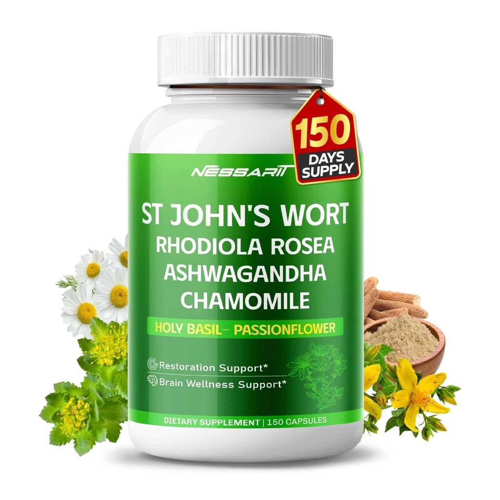 ST John's Wort 14-in-1 Natural Blend with Rhodiola Ashwagandha Chamomile Holy Basil L-Theanine Valerian Passionflower - 150 Count - Made &amp; Tested in The USA