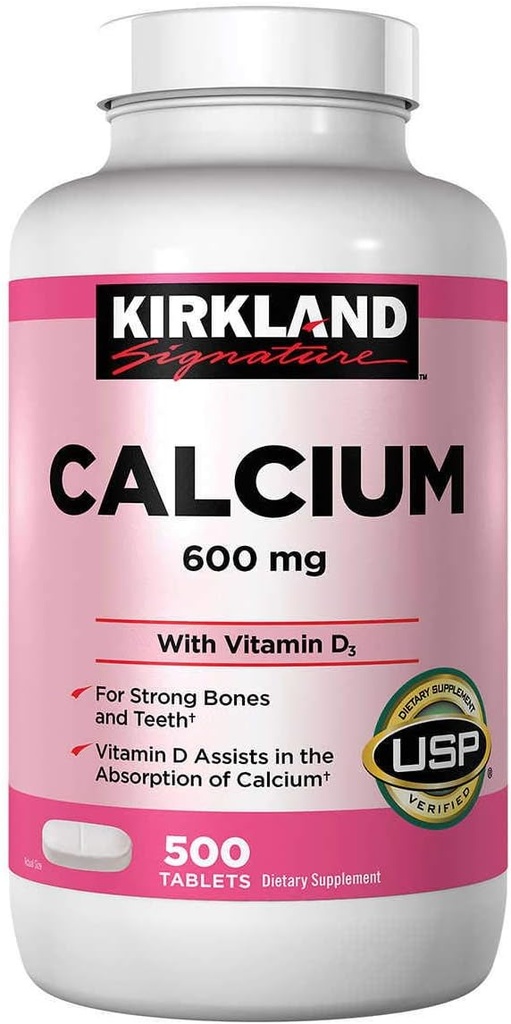 Calcio de Firma Kirkland 600 mg. con vitamina D3, 500 Tabletas (4 Pack)