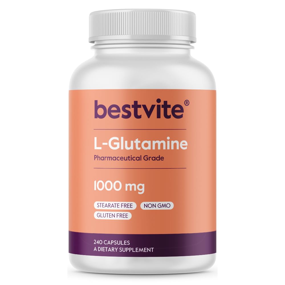 BESTVITE Filler-Free L-Glutamine 1000mg por cápsula (240 cápsulas) - Formulario gratis - Sin esteroides - Gluten Gratis - No GMO - Suplemento de Glutamina L puro - Máximo Cápsulas de Glutamina Strength
