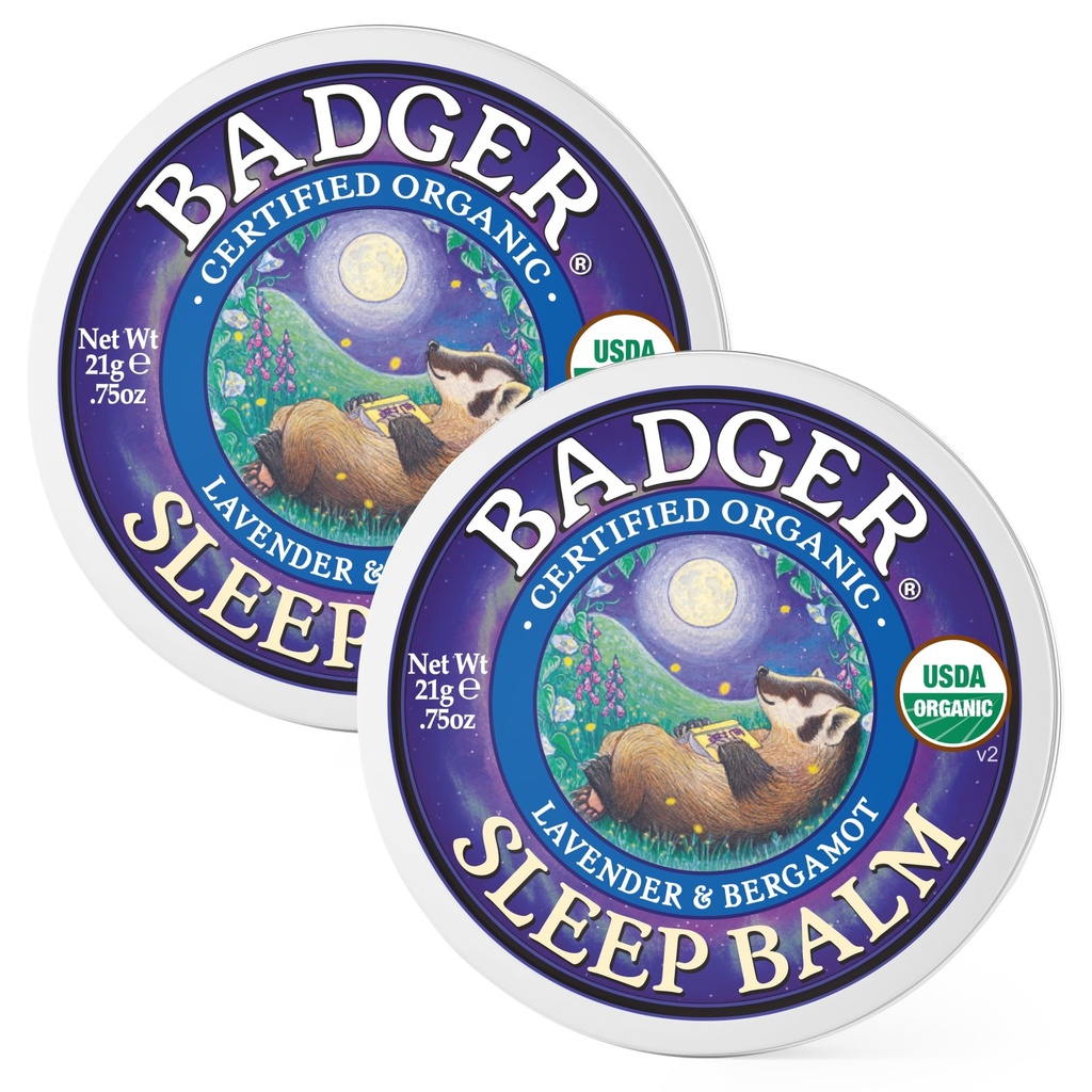 Badger Sleep Balm, Organic Essential Oil Aromatherapy Natural Sleep Balm for Adults &amp; Kids, Relaxing &amp; Calming Lavender &amp; Bergamot Natural Sleep Support, .75 oz Tin, 2-Pack