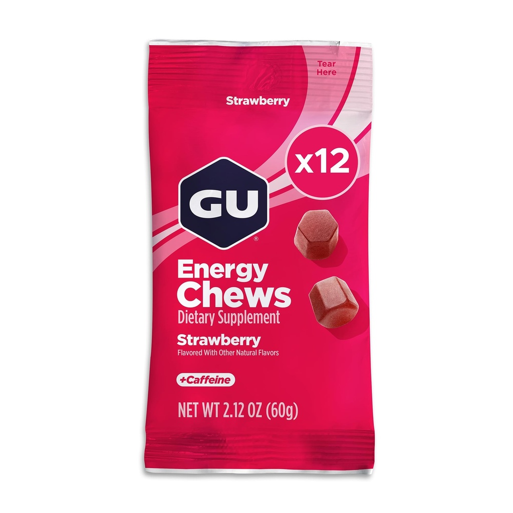 GU Energy Chews, Strawberry Energy Gummies with Electrolytes, Vegan, Gluten-Free, Kosher, 20 mg de Caffeine y Dairy-Free On-the-Go Energy for Any Workout, 12 Bolsas (24 Servimientos Total)