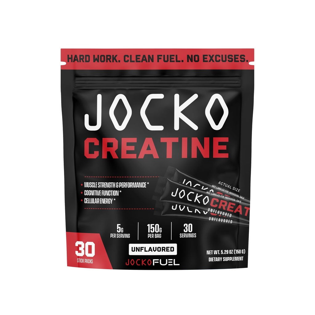 Jocko Fuel Creatine Stick Packs - Creatine Monohydrate Powder Travel Packs for Men &amp; Women, Suplemento para el rendimiento atlético &amp; Muscle Health, 30 Servings 150g (Unflavored)