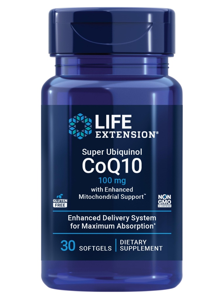 Super Ubiquinol CoQ10 con soporte mitocondrial mejoradoTM, suplemento de salud cardíaca, absorción máxima, 100 mg, no GMO, libre de gluten, 30 softgeles