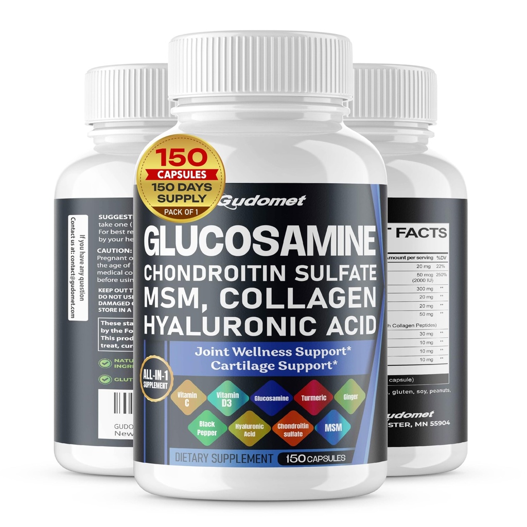 Glucosamine Chondroitin sulfate Methylsulfonylmethane Hialuronic Acid Turmeric Ginger Vitamin C, D3, Black Pepper -150 Capsules- Made in USA