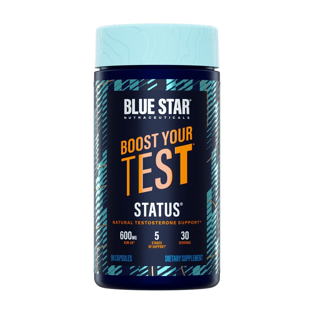 Blue Star Nutraceuticals Status - Booster de Testosterona para Hombre - w/KSM 66 Ashwagandha - Invigorate Stamina, Crecimiento muscular & energía  durable Natural Test Booster Support - 90 Veggie Capsules