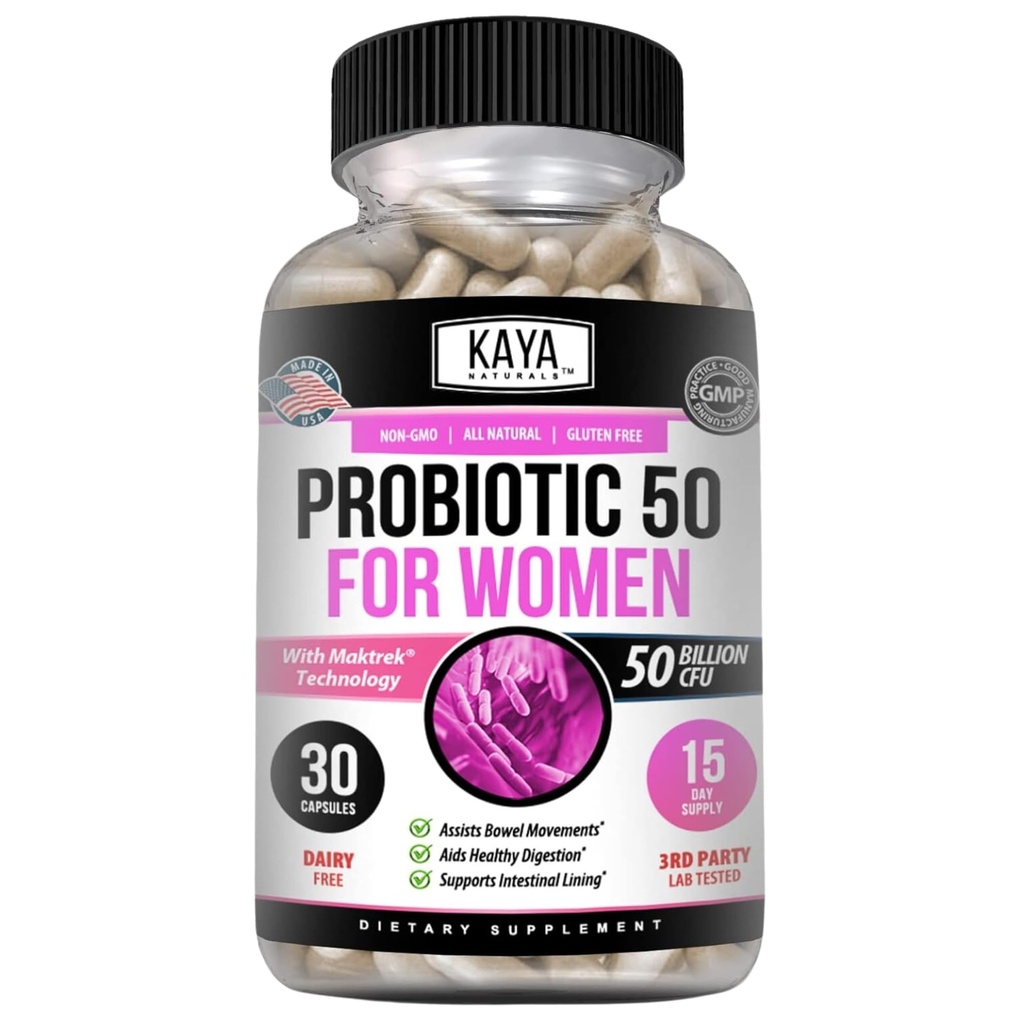 Kaya Naturals Probiotic 50 Billion CFU - Probióticos para Mujeres, Probióticos para Hombres y Adultos, Natural - Gut Health &amp; Immune Support - Proporciona soporte digestivo - 30 cápsulas vegetales