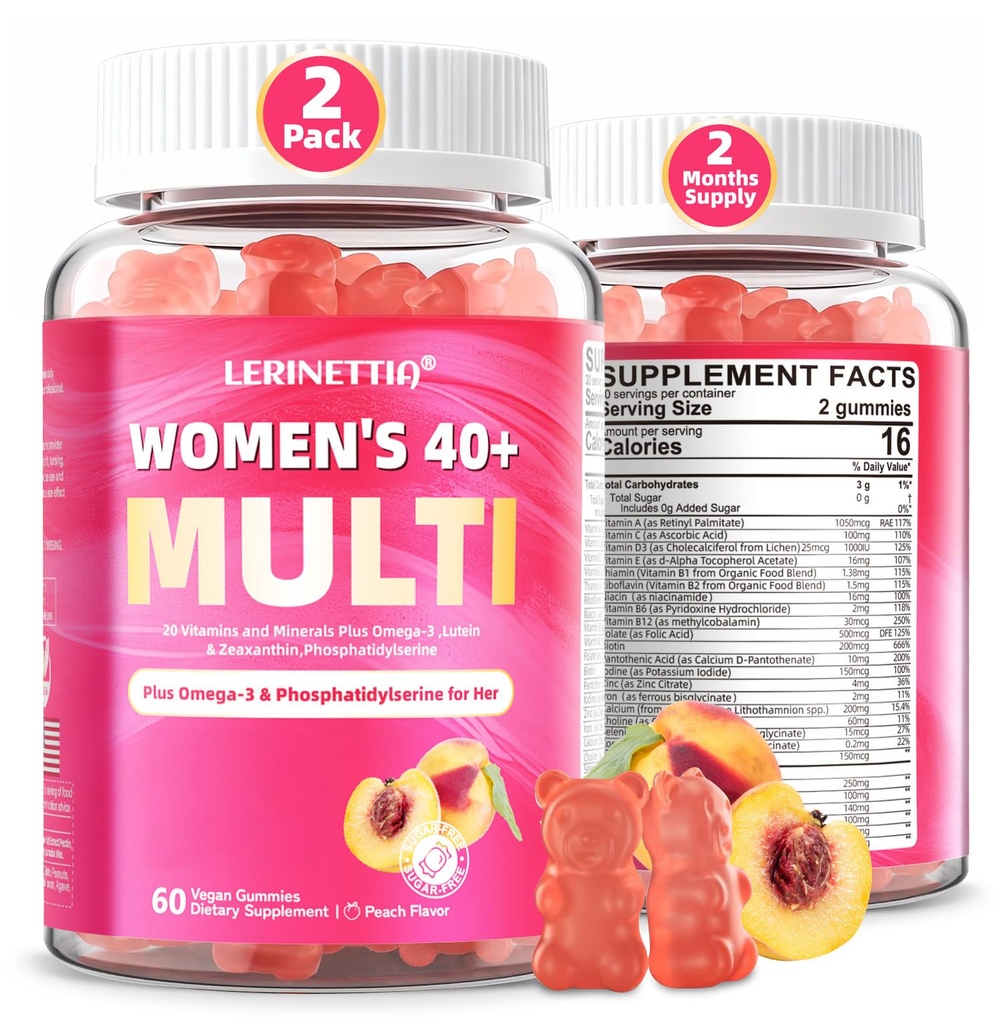 Multivitamina para Mujer Gummies para 40+ con Omega-3, Niacinamide, B-Complex, Lutein, Hierro, Cholina, Phosphatidylserine, Vitamina D3 para la piel, el cabello, la energía, inmune, hueso - Vegan, azúcar Gratis, 120Cts
