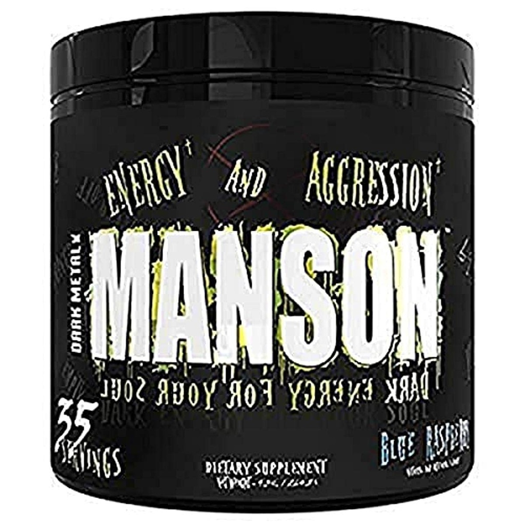 DARK METAL Inc. Manson High Stim Pre Workout Powder, Energy Focus Strength, cargado con Beta Alanine L-Carnitine Caffeine Infinergy, 35 Srvgs, Blue Raspberry