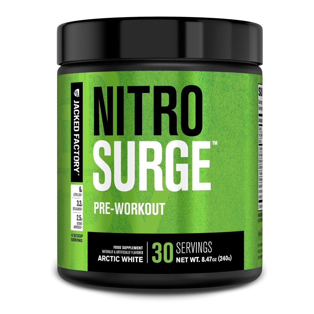 Jacked Factory NITROSURGE Pre Workout Suplemento - Endless Energy, Instant Strength Gains, Clear Focus, Bombas Intensas - NO Booster &amp; Powerful Preworkout Energy Powder - 30 Servings, Arctic White