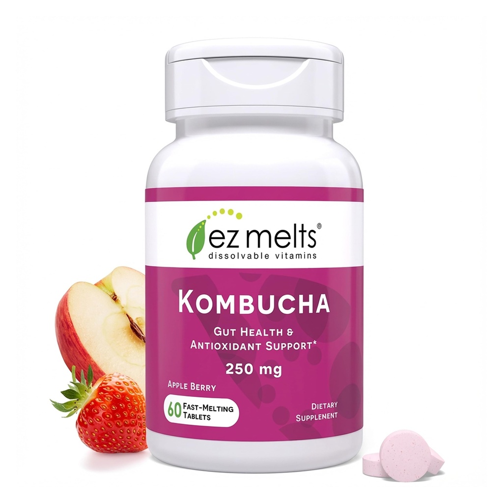 EZ Melts Dissolvable Kombucha sin azúcar Tablets con SCOBY &amp; Apple Sider Vinegar, Gut Health Supplements for Men &amp; Women, Apple Berry Flavor, 2-Month Supply - 1 Pack