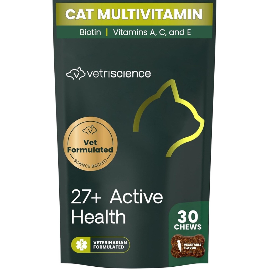 VetriScience 27+ Mandíbulas de salud activas, Nu Cat Daily Multivitamin para gatos y gatitos, Vitaminas equilibradas, Minerales y Antioxidantes, Salud y Bienestar, Fish, 30 Cuenta