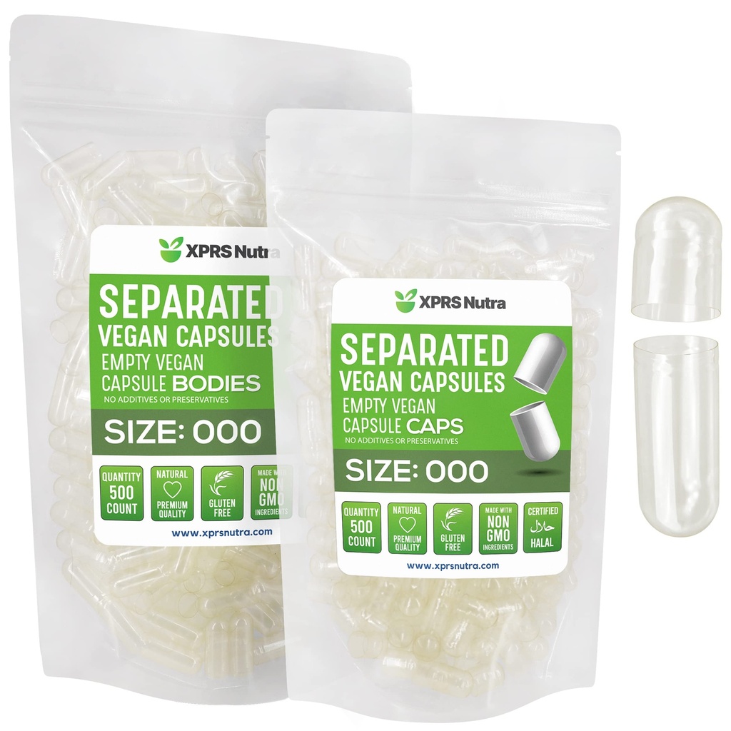 XPRS Nutra Vegan Tamaño 000 cápsulas separadas- 500 cápsulas de vacío Premium de cuenta separadas en bolsas - cápsulas vacías - 000 pastillas para relleno de suplementos de bricolaje