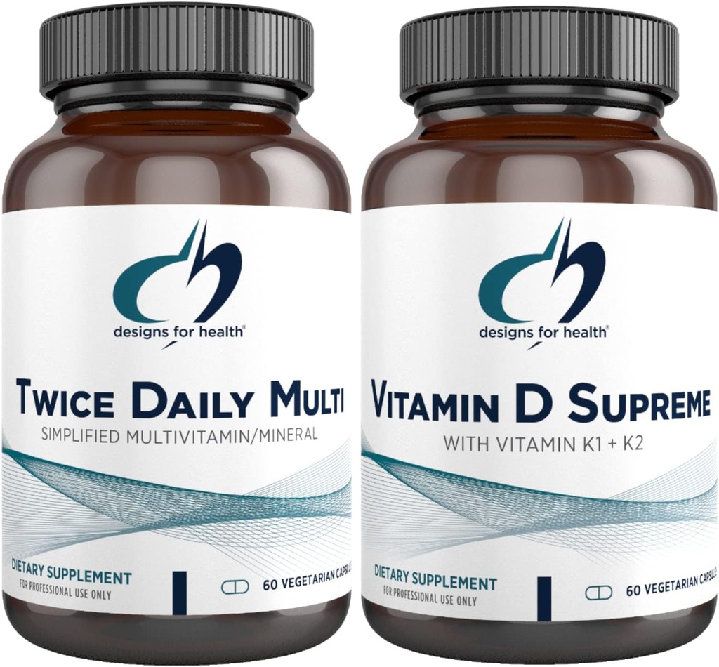 Diseños para la salud Multivitamina + Vitamina D/K Suplemento Bundle - Twice Daily Multi (60 cápsulas) con vitamina D Supremo (60 cápsulas) 5000 UI Vitamina D3