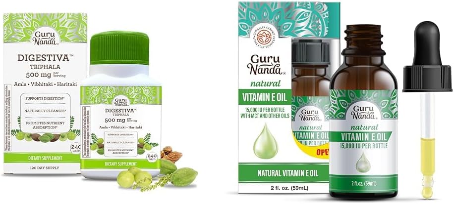 GuruNanda Digestiva Triphala (240 Tabletas) & Vitamina E Oil (2 Fl Oz) - Apoya la digestión, Ayuda con el estreñimiento, Suplemento dietético con Amla, Haritaki &amp; Bibhitaki