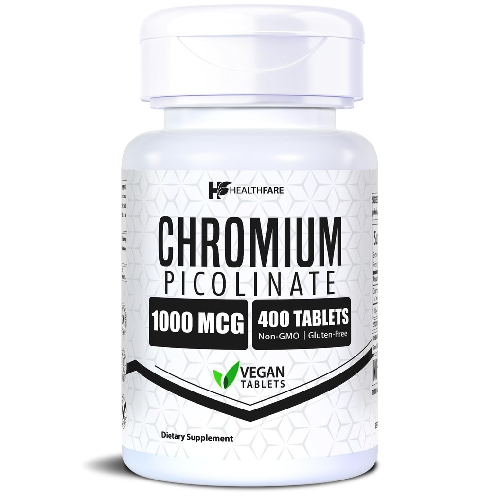 HealthFare Chromium Picolinate 1000mcg ← 400 Vegan Tablets ← High Absorption Mineral Supplement ← Apoya Metabolismo de Azúcar Saludable " Absorción Nutriente ← Non-GMO, Gluten-Free Silencio Made in USA