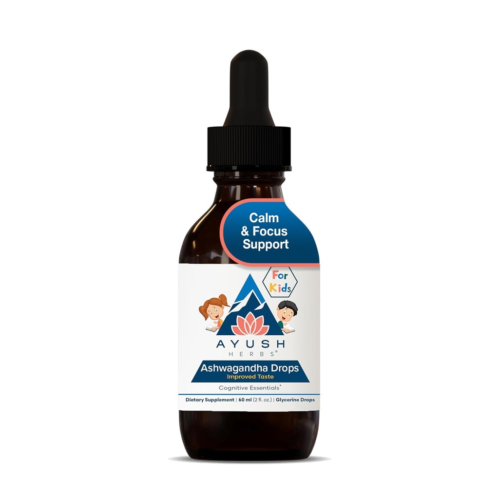 Ayush Herbs Ashwagandha gotas para niños y adultos - Sin alcohol Ashwagandha gotas, Suplemento diario para calmar el enfoque con Ashwagandha orgánica, Lemon Flavor - 2 Fl Oz (80 servidumbres)